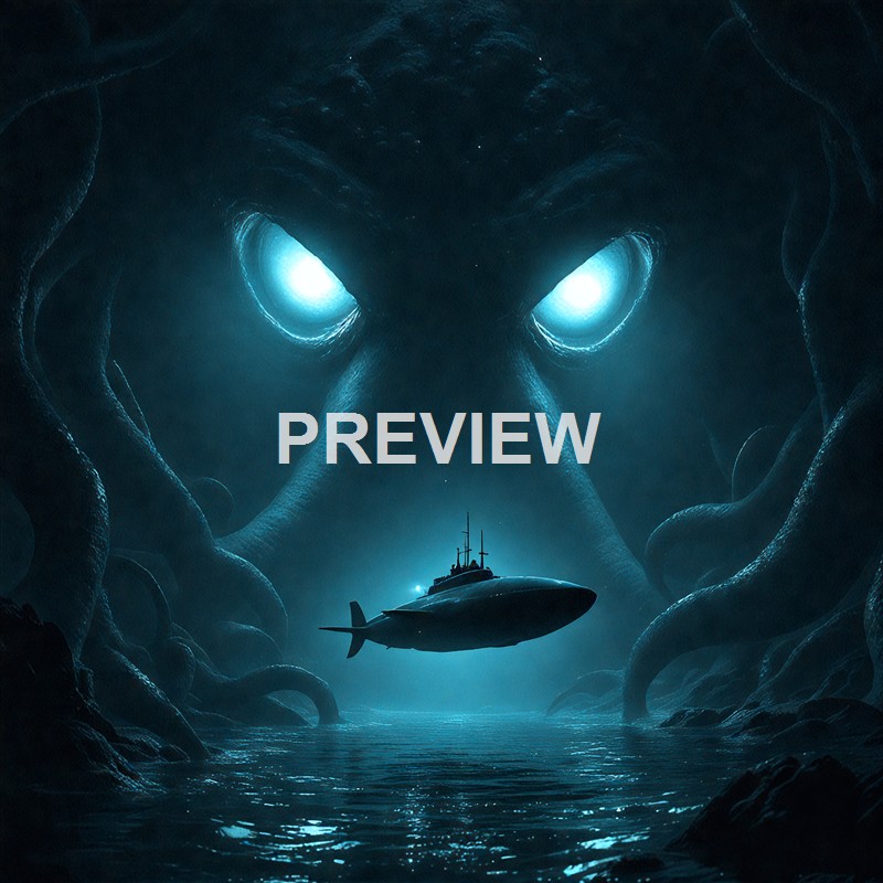 A large, menacing creature with glowing eyes and tentacle-like appendages looms over a submarine in a dark, underwater cave.